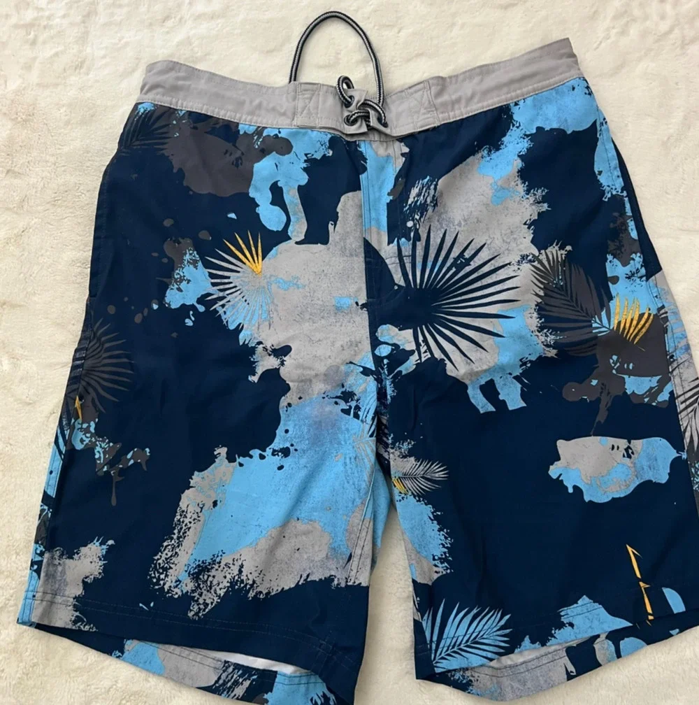 George Mens Swim Trunks Medium 32-34 Blue Gray Tropical Board Shorts Drawstring